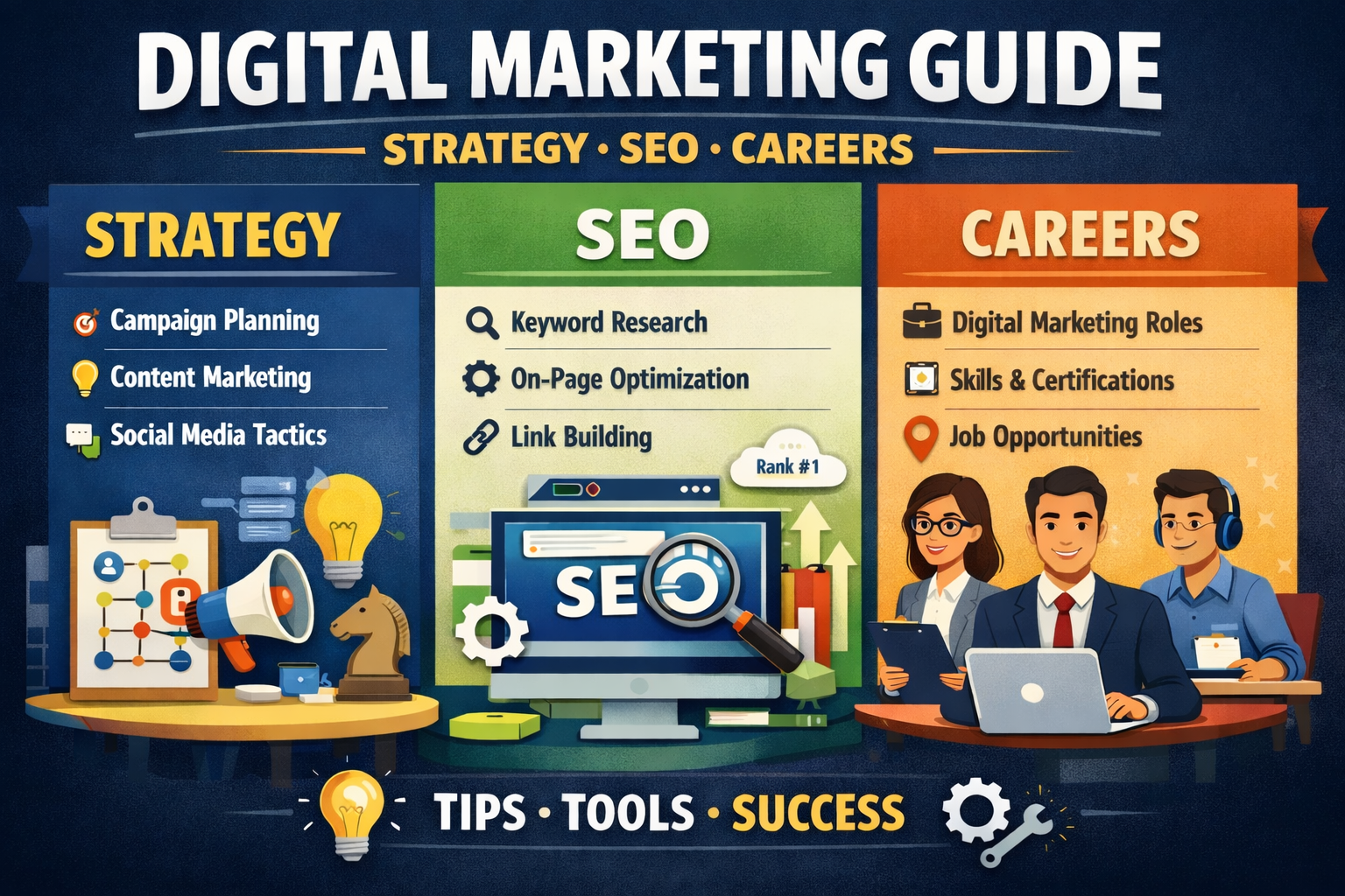 give me a picture showing digital marketing guide on Strategy, SEO & Careers