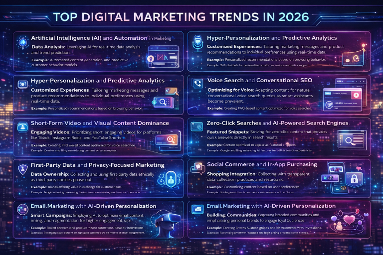 digital marketing 2026, digital marketing trends, AI in marketing, generative engine optimization, GEO, shoppable video, social commerce, privacy-first marketing, first-party data, hyper-personalization, voice search SEO, visual search, community-led growth, digital marketing tools, 2026 marketing forecast, E-E-A-T, search engine optimization, marketing for beginners