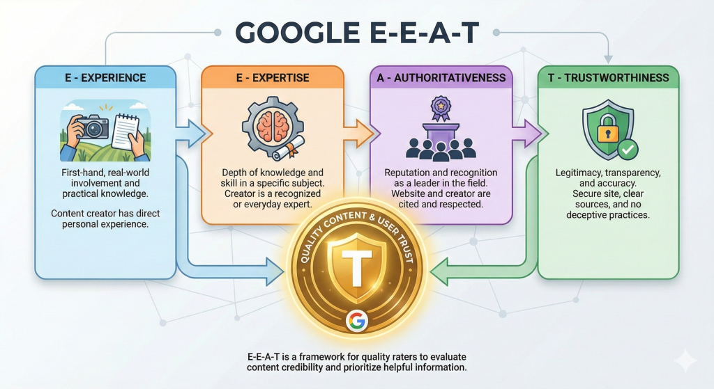 Google E-E-A-T, E-E-A-T in SEO, SEO basics, SEO for beginners, Google ranking factors, E-E-A-T guide, experience expertise authority trust, YMYL SEO, trust signals SEO, website credibility, SEO content strategy, helpful content update, Google quality rater guidelines, AI and SEO, digital marketing education, Talha Marketing